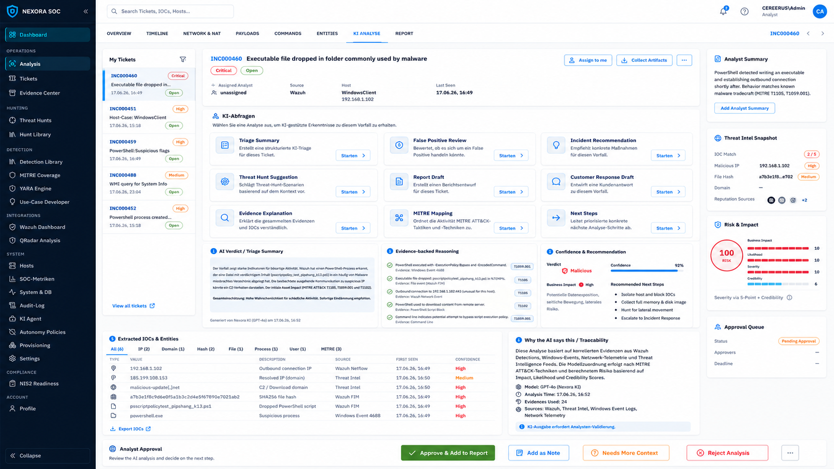 Beispielansicht KI-Analyse aus Nexora SOC